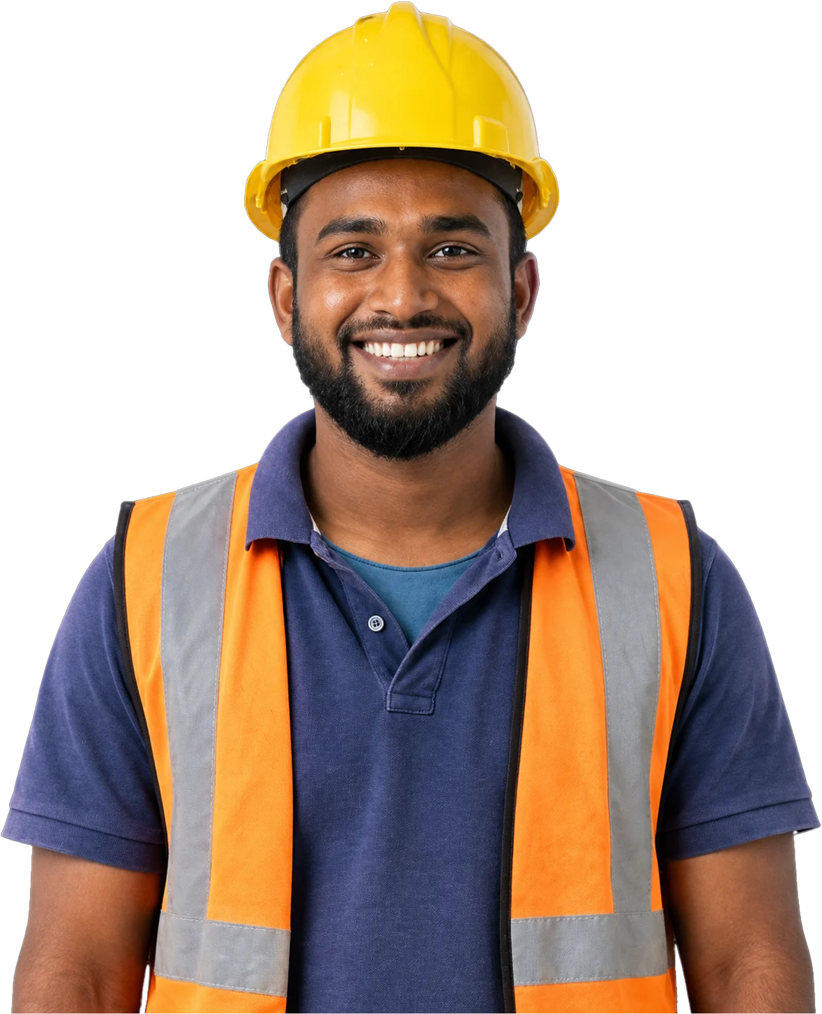 Smiling worker in a yellow safety helmet and orange vest